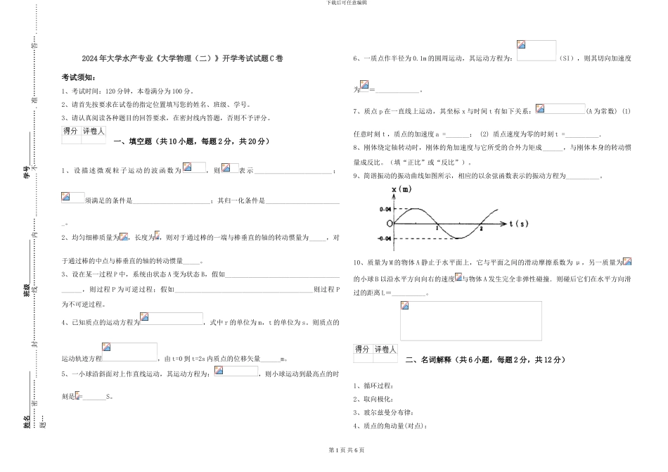 2024年大学水产专业《大学物理》开学考试试题C卷_第1页