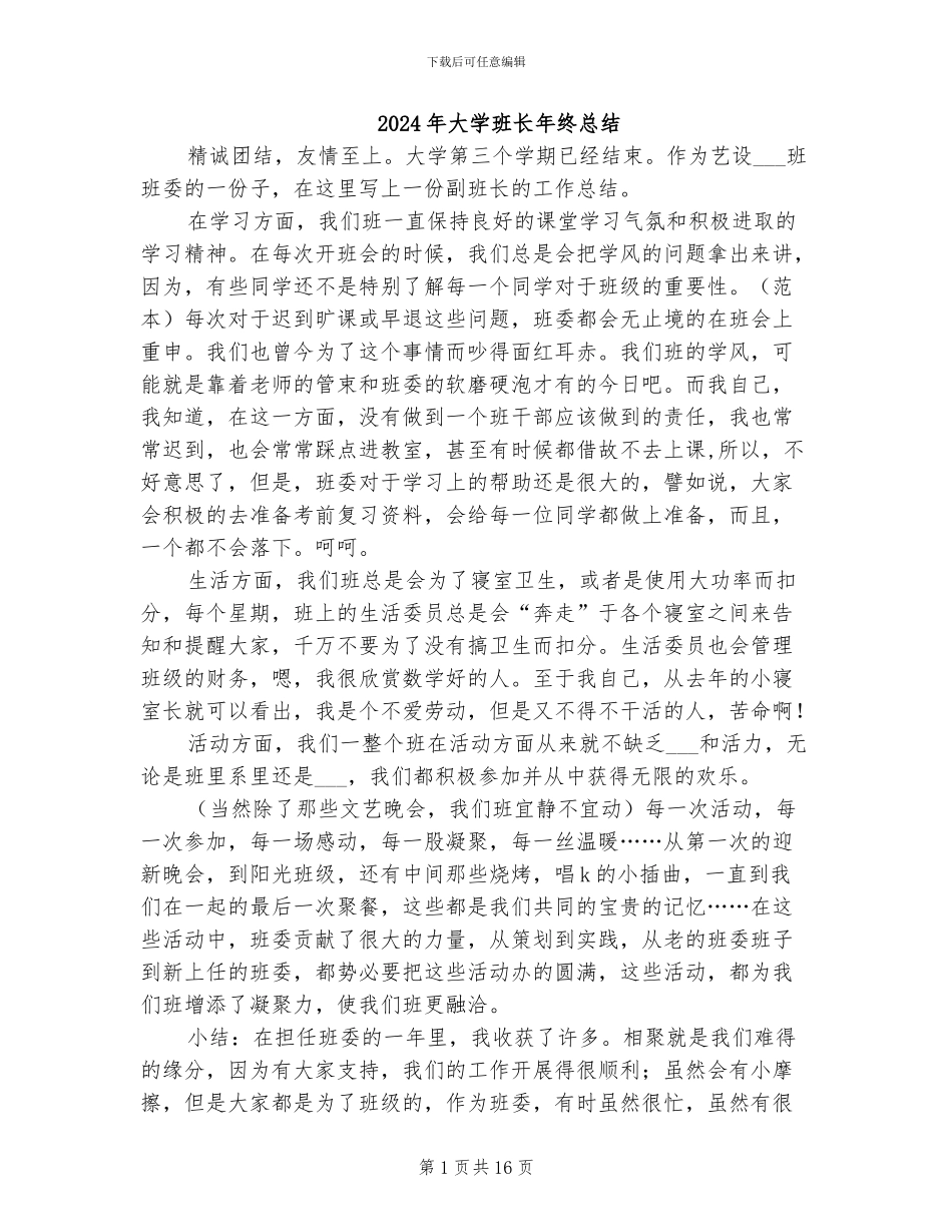 2024年大学班长年终总结_第1页