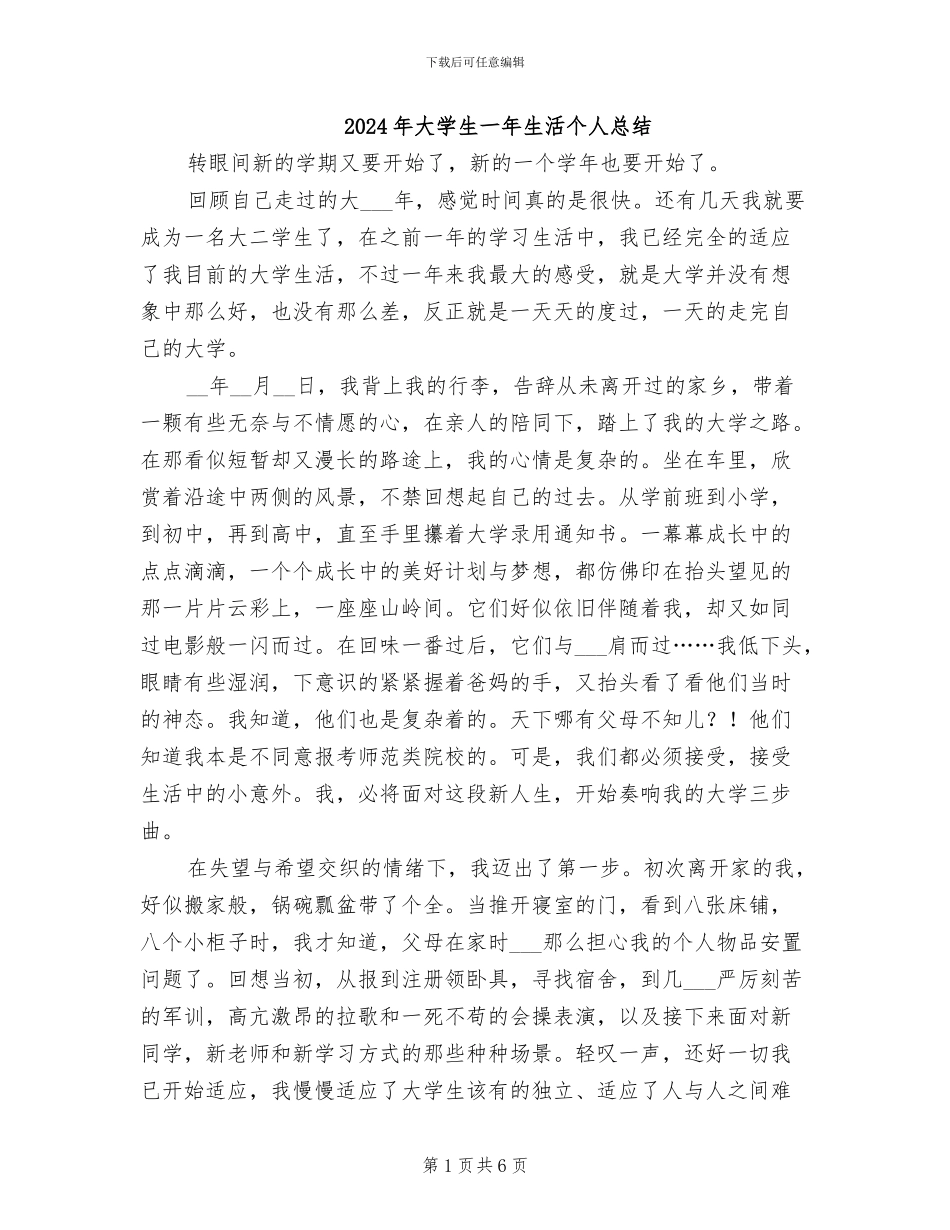 2024年大学生一年生活个人总结_第1页