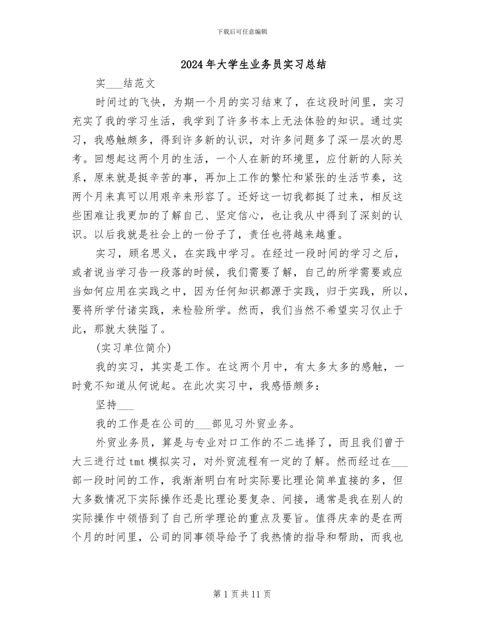 2024年大学生业务员实习总结_第1页