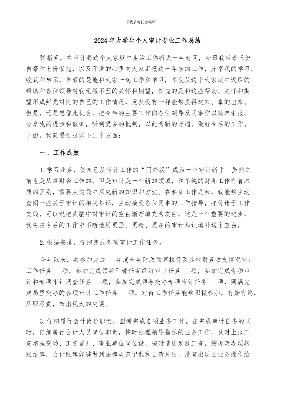 2024年大学生个人审计专业工作总结_第1页