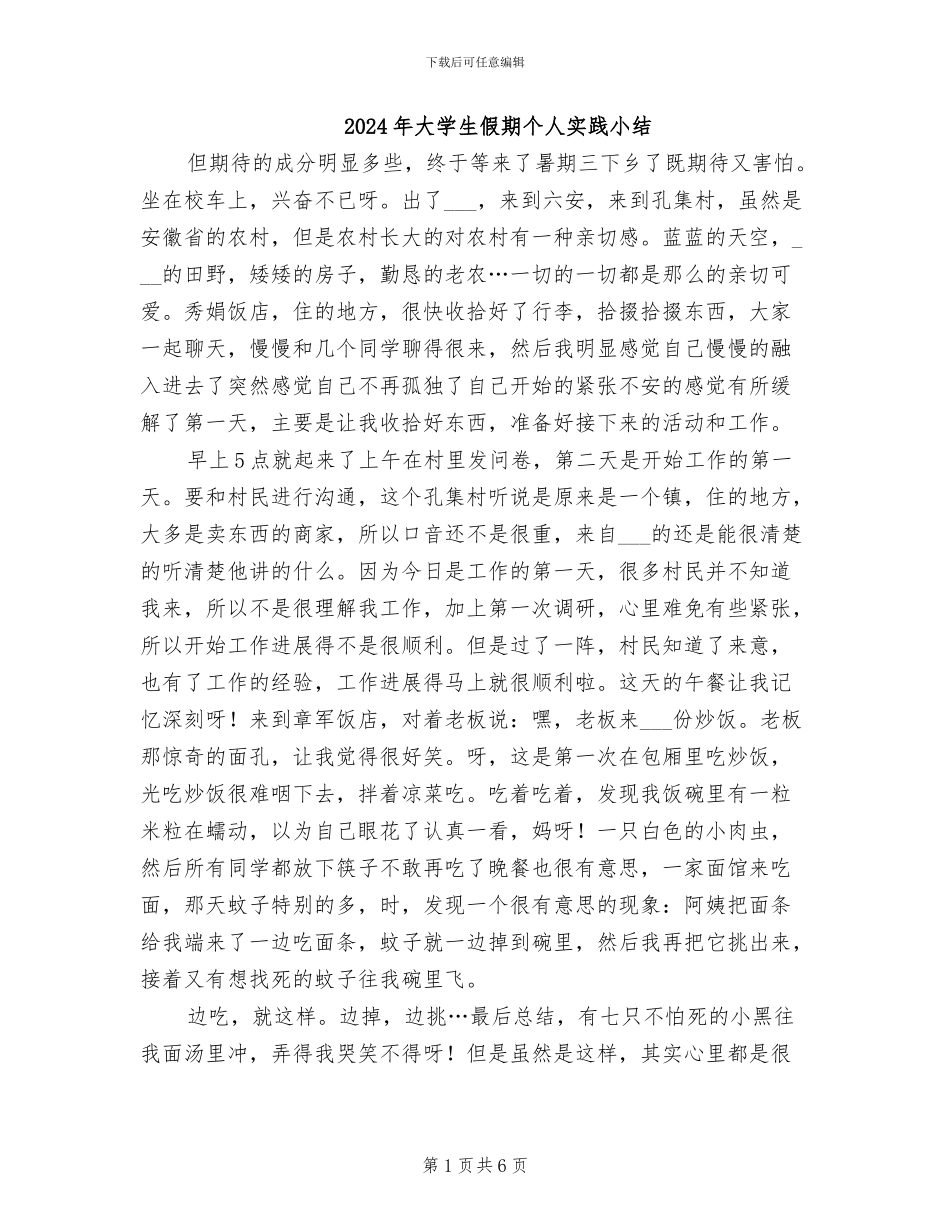 2024年大学生假期个人实践小结_第1页