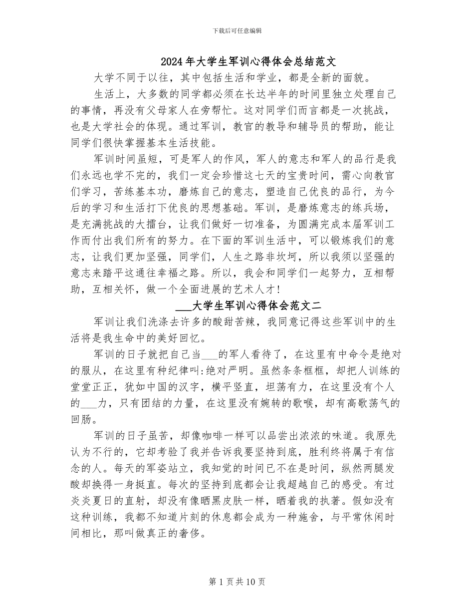 2024年大学生军训心得体会总结范文_第1页