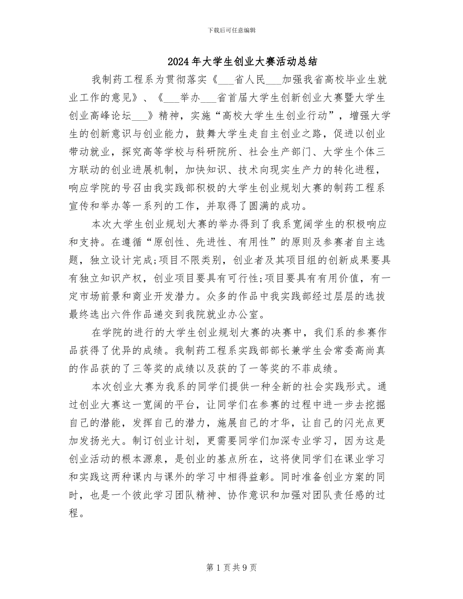 2024年大学生创业大赛活动总结_第1页