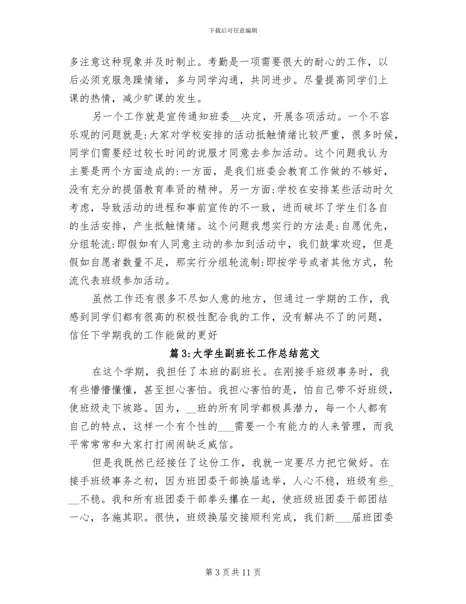 2024年大学生副班长工作总结范文_第3页