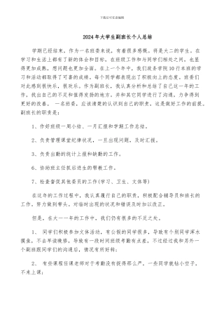 2024年大学生副班长个人总结