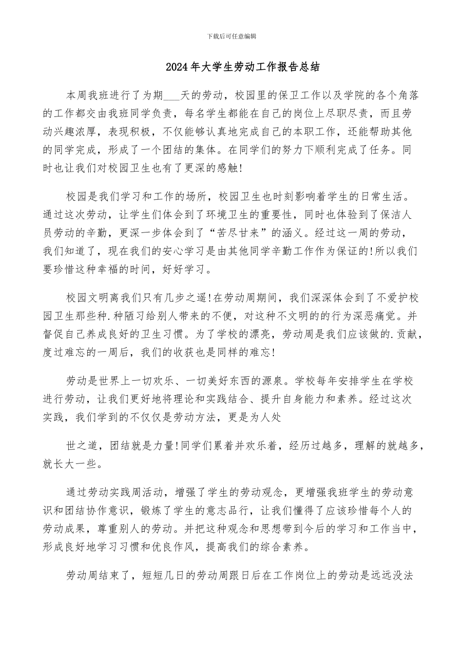 2024年大学生劳动工作报告总结_第1页