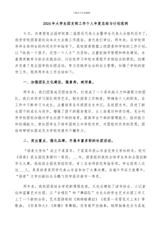 2024年大学生团支部工作个人年度总结与计划范例