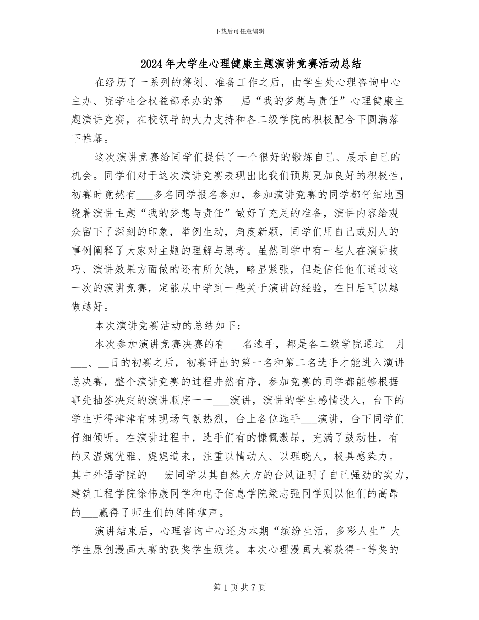 2024年大学生心理健康主题演讲比赛活动总结_第1页