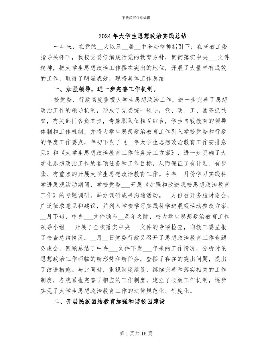 2024年大学生思想政治实践总结_第1页
