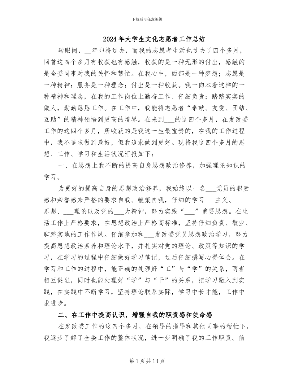 2024年大学生文化志愿者工作总结_第1页