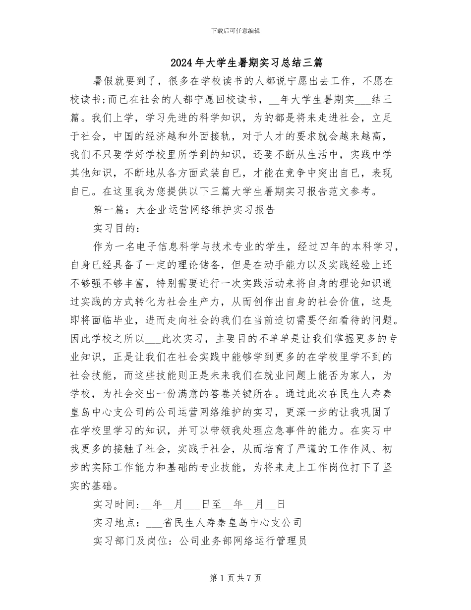 2024年大学生暑期实习总结三篇_第1页