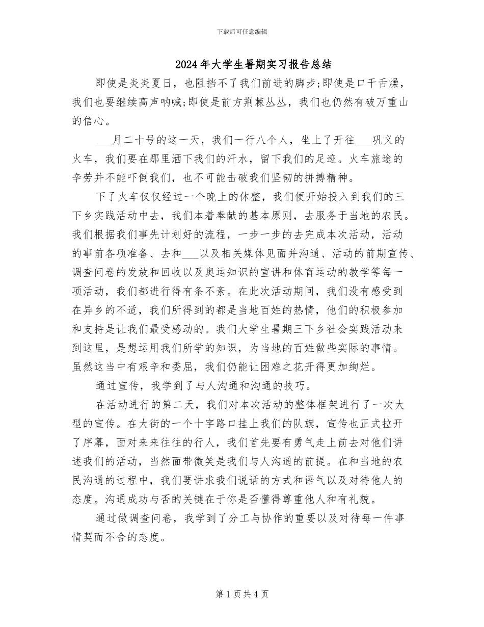 2024年大学生暑期实习报告总结_第1页