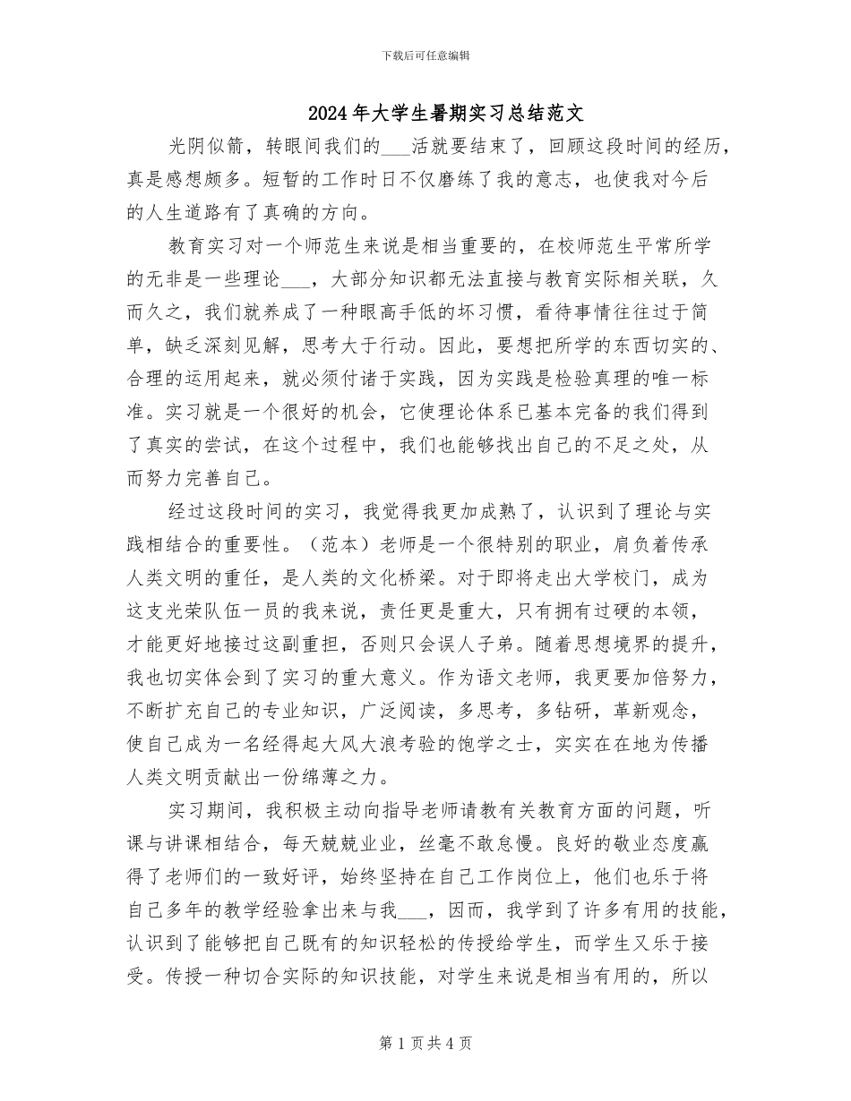 2024年大学生暑期实习总结范文_第1页
