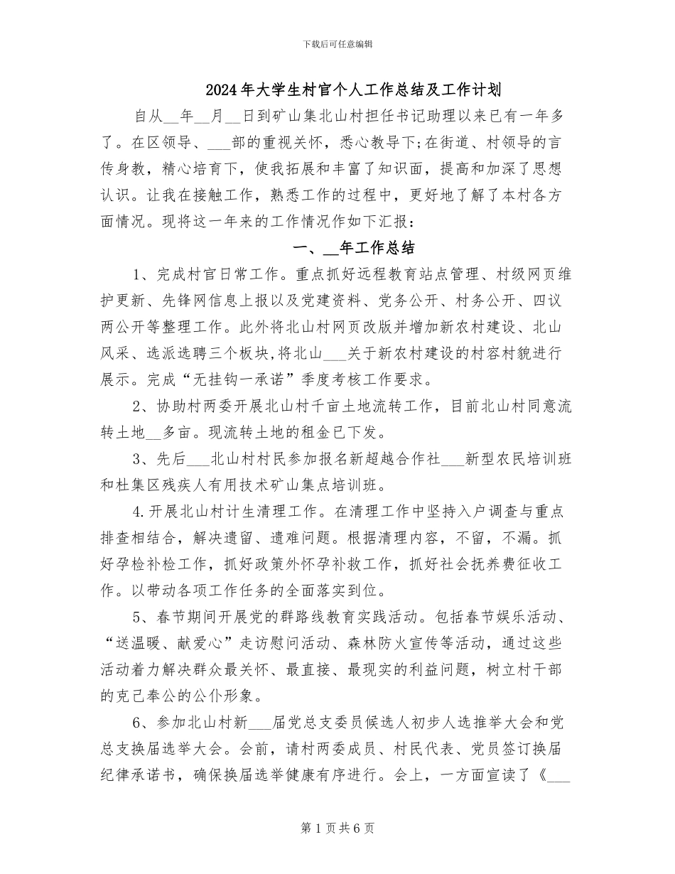 2024年大学生村官个人工作总结及工作计划_第1页