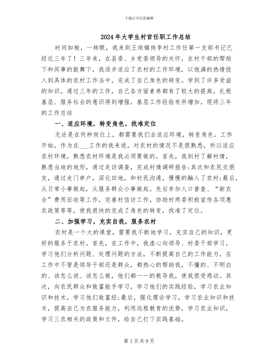 2024年大学生村官任职工作总结_第1页