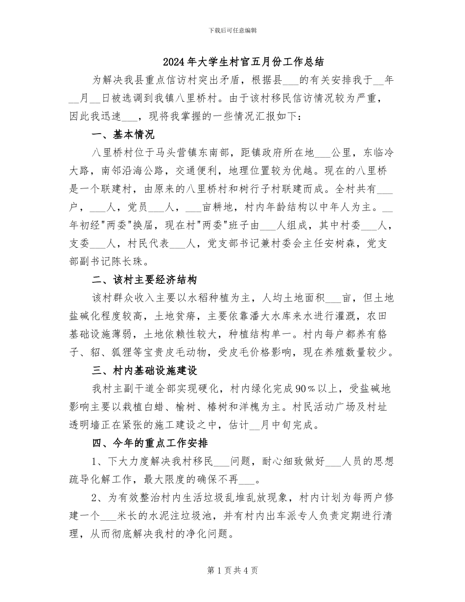 2024年大学生村官五月份工作总结_第1页