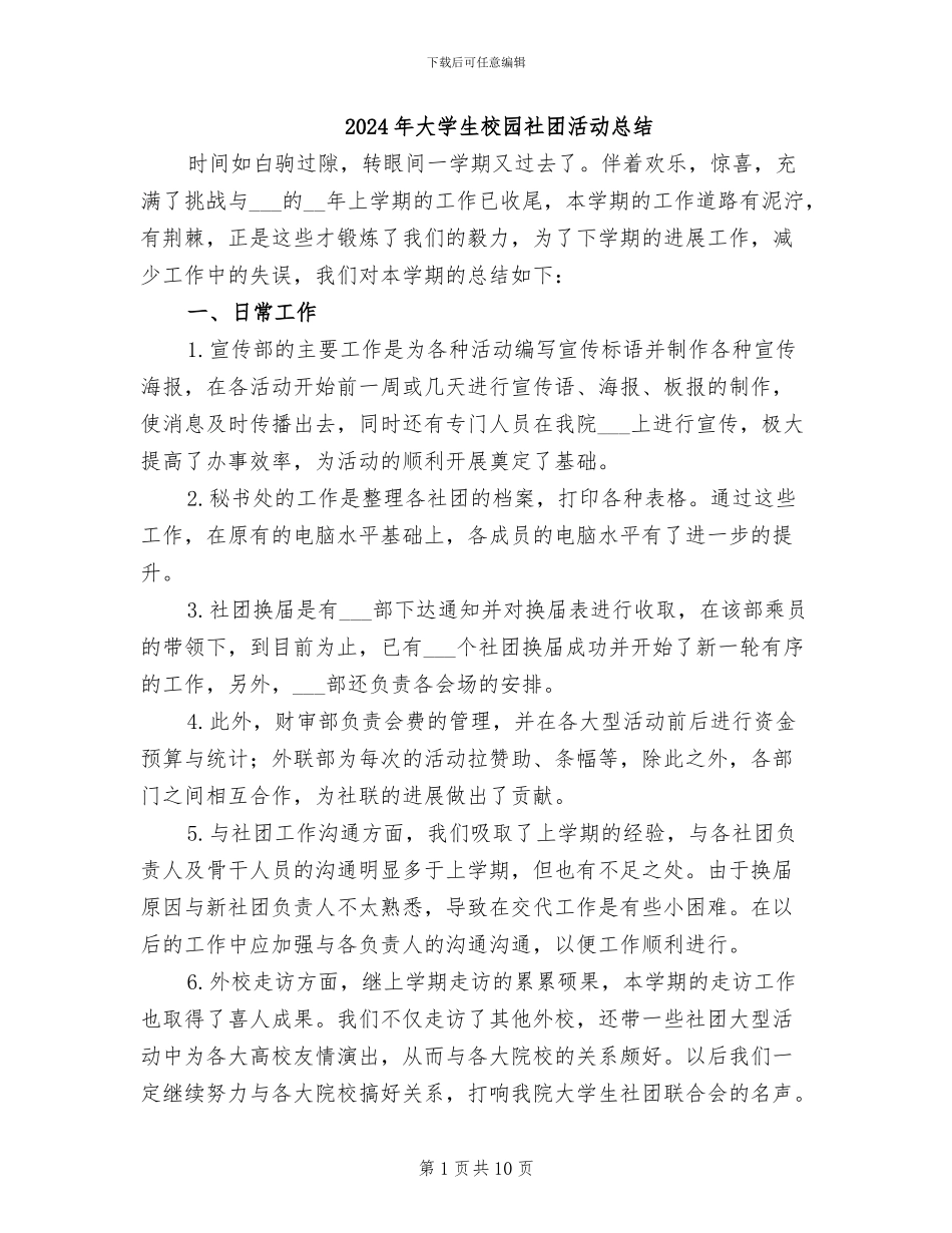 2024年大学生校园社团活动总结_第1页
