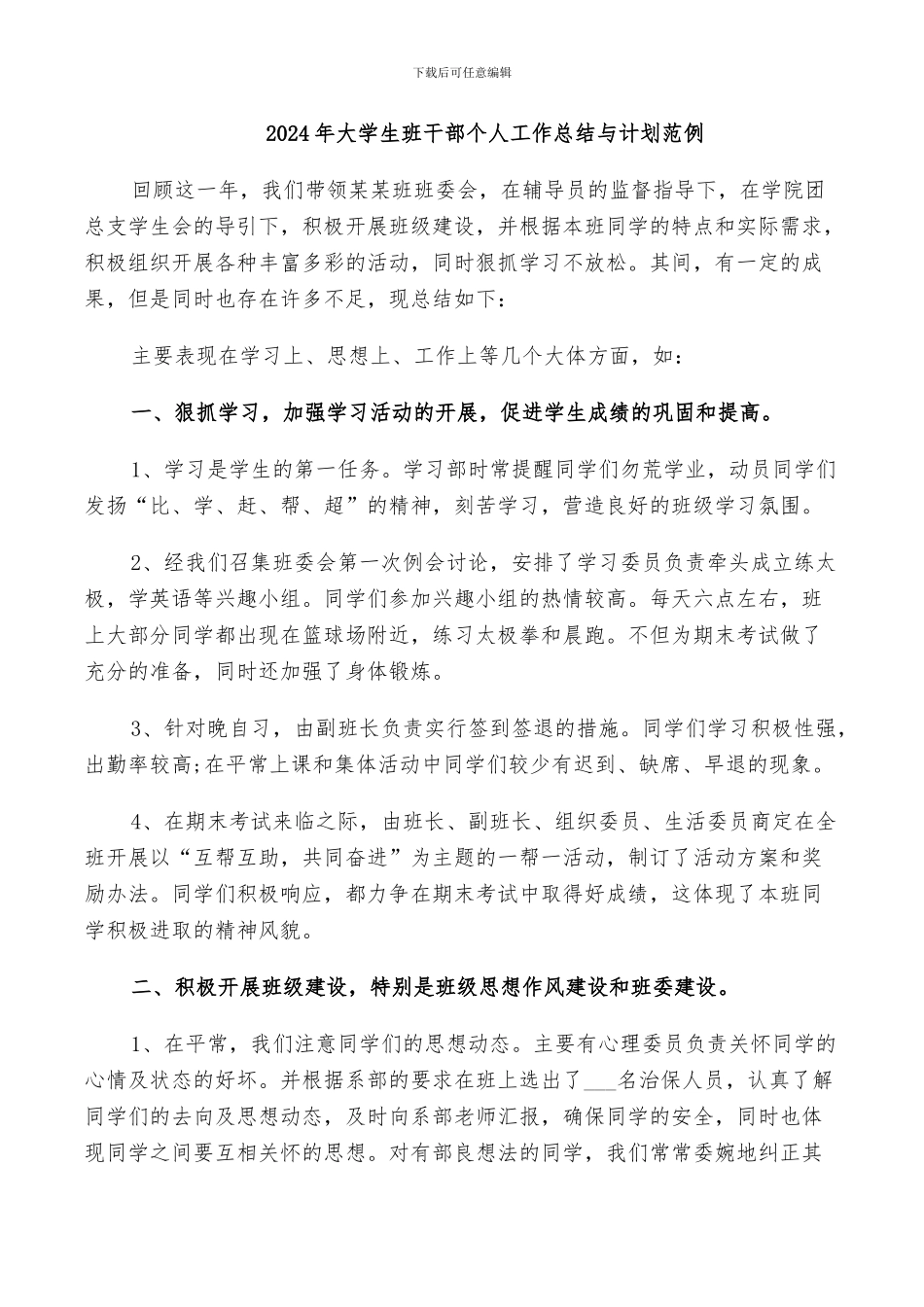 2024年大学生班干部个人工作总结与计划范例_第1页