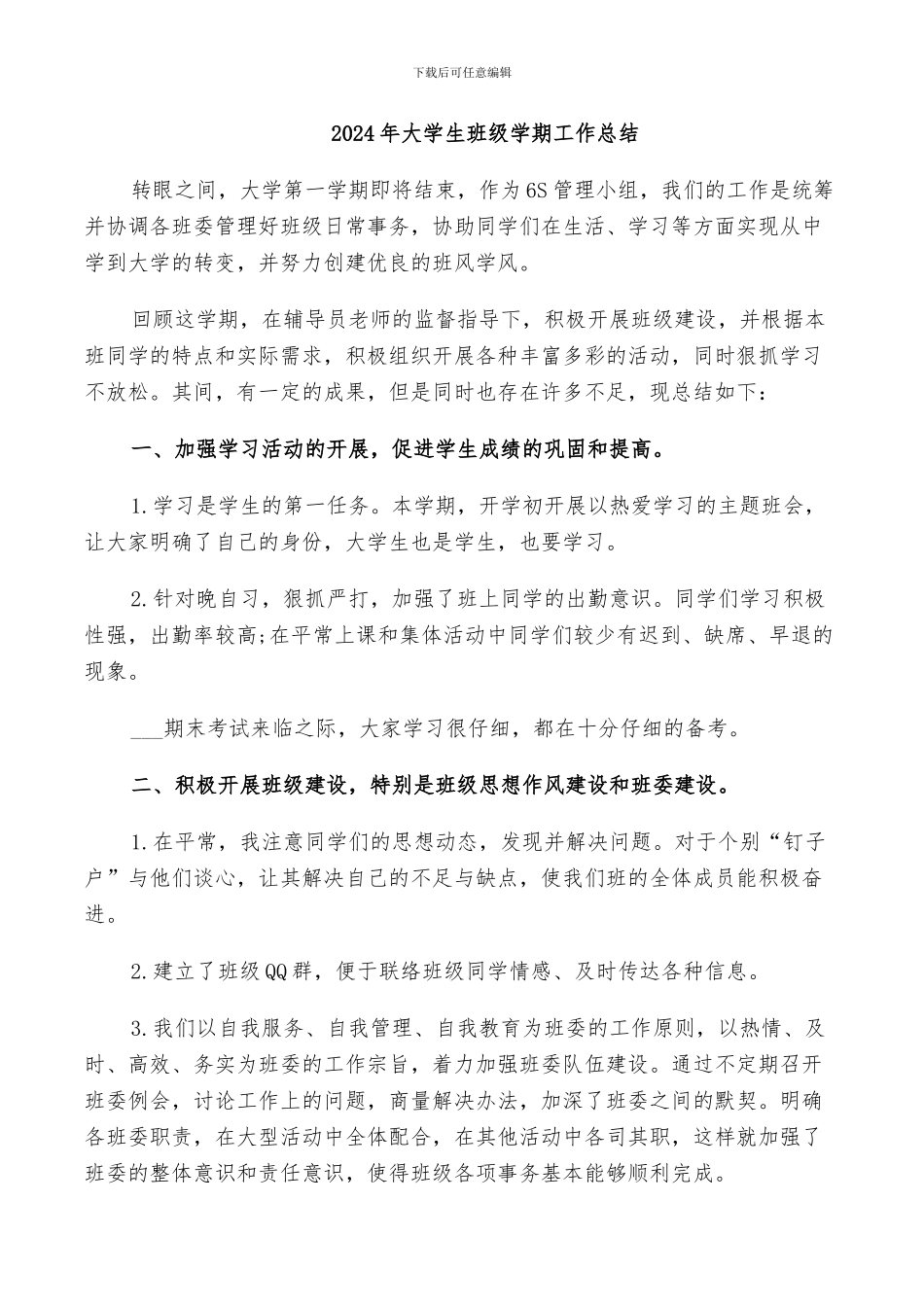2024年大学生班级学期工作总结_第1页