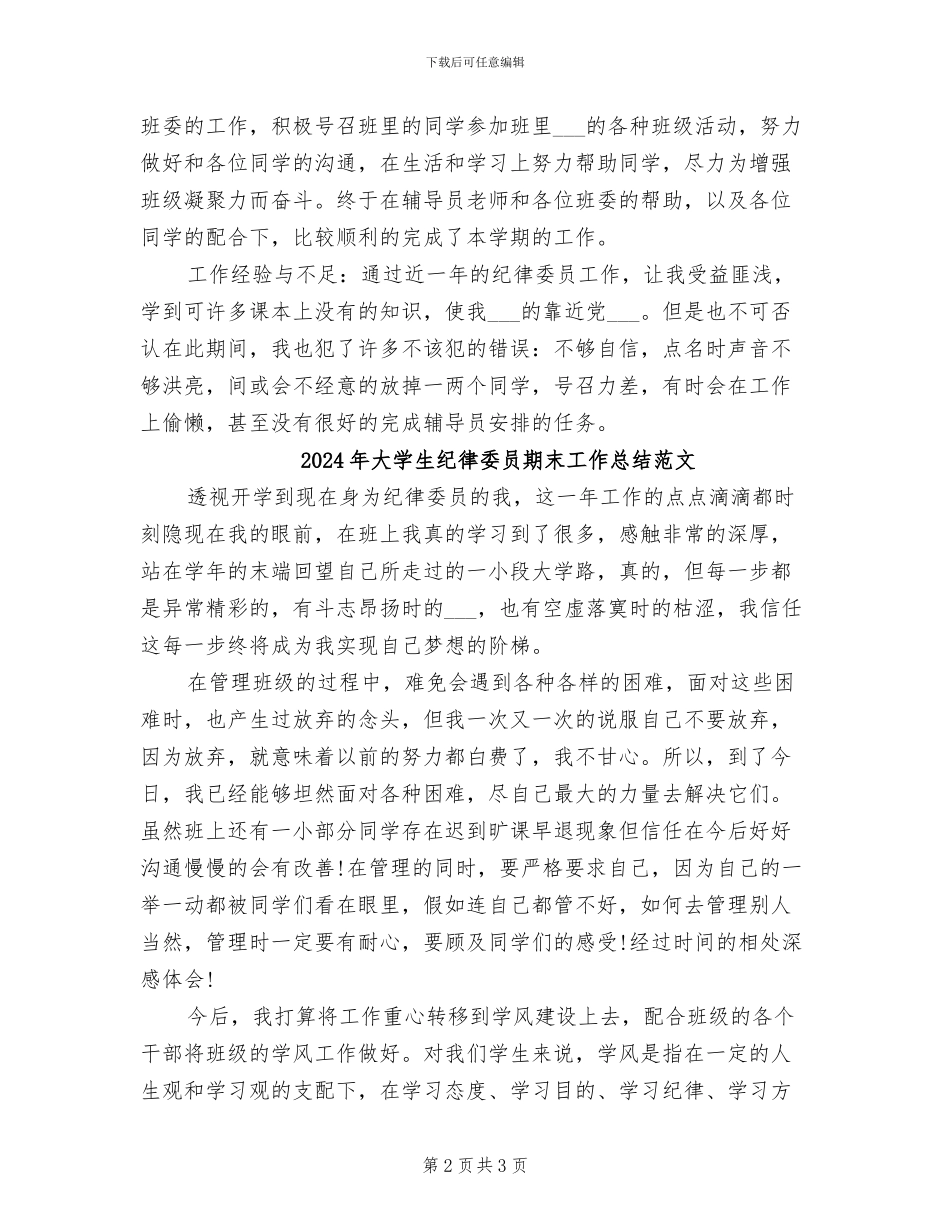 2024年大学生纪律委员期末工作总结_第2页