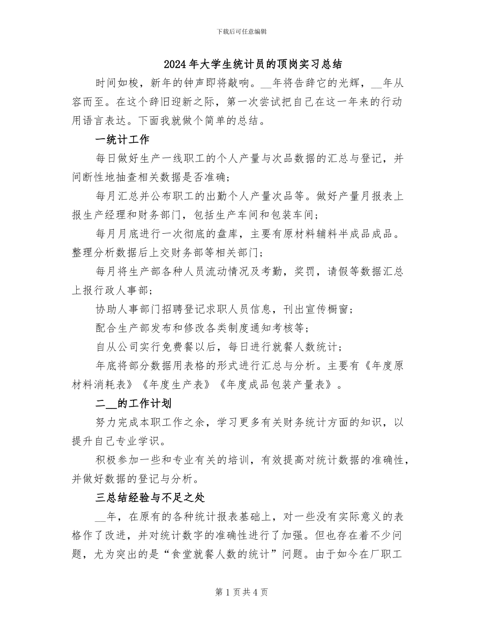 2024年大学生统计员的顶岗实习总结_第1页