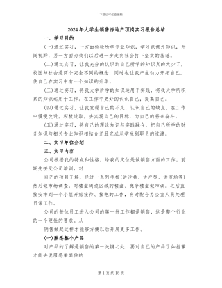 2024年大学生销售房地产顶岗实习报告总结