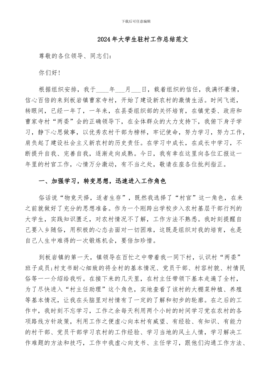 2024年大学生驻村工作总结范文_第1页