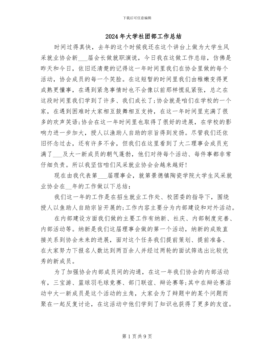 2024年大学社团部工作总结_第1页
