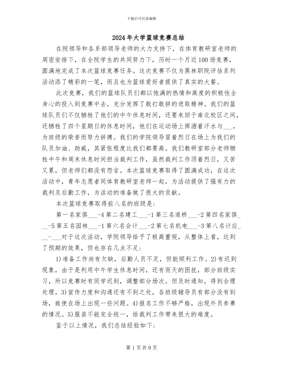 2024年大学篮球比赛总结_第1页