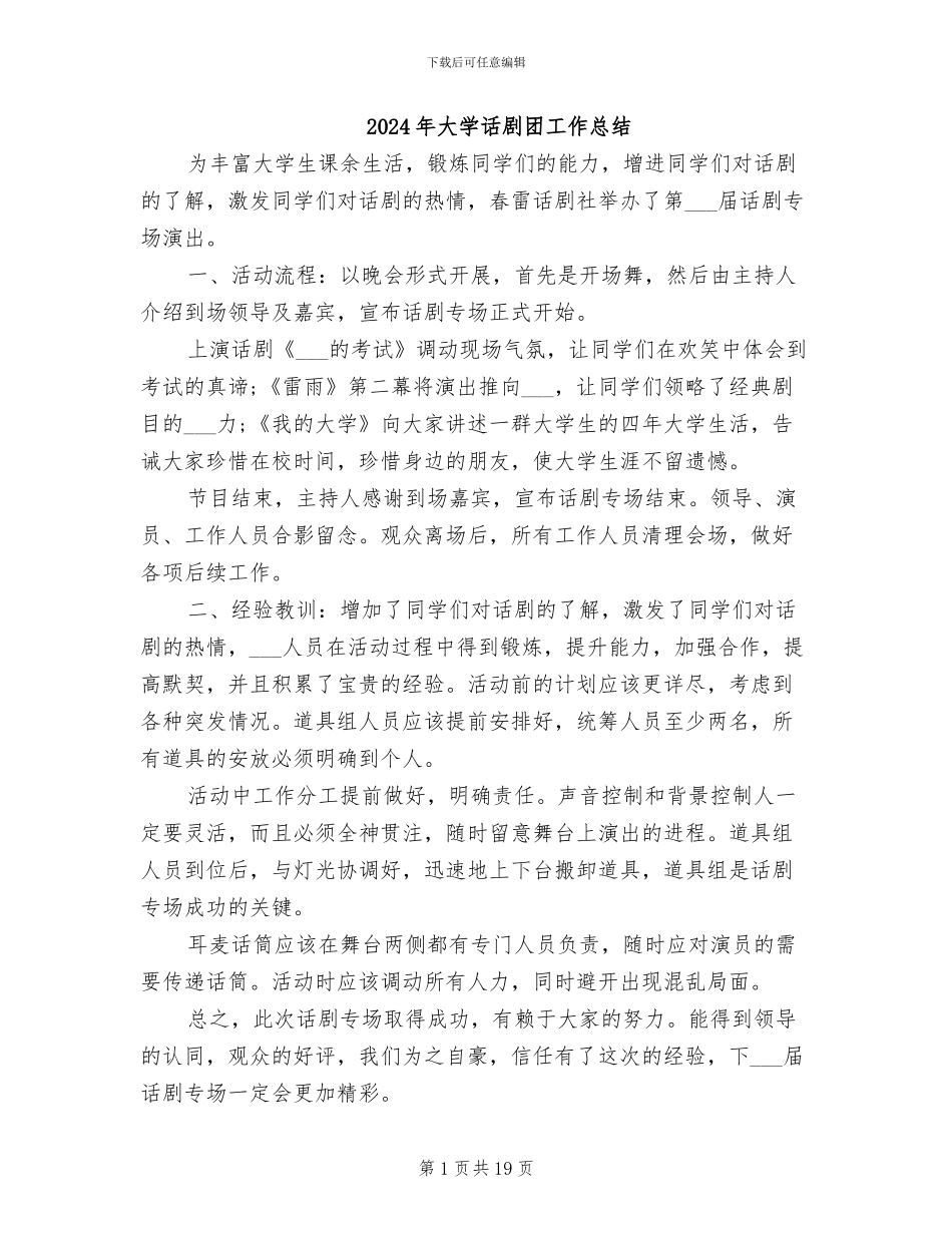 2024年大学话剧团工作总结_第1页