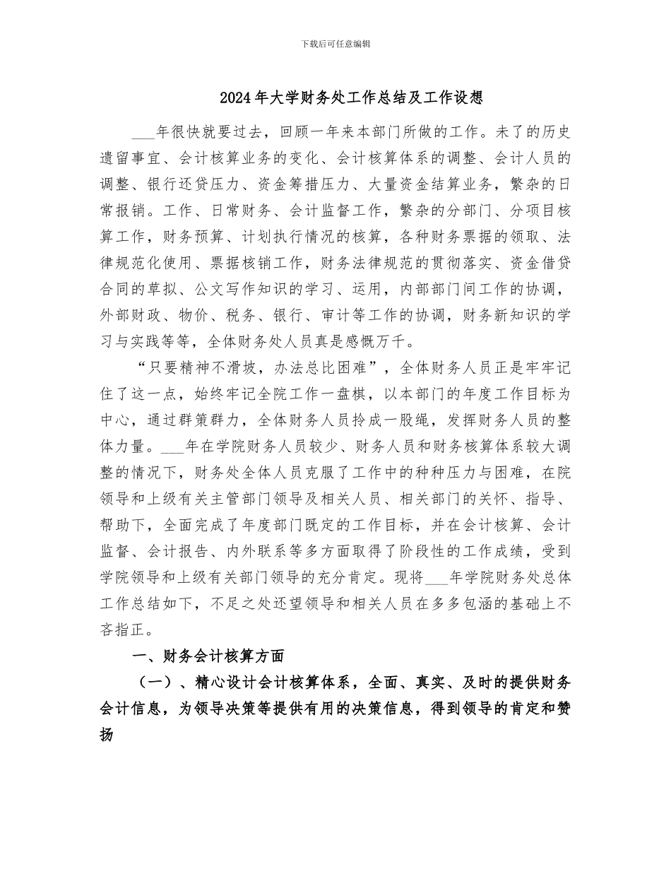 2024年大学财务处工作总结及工作设想_第1页