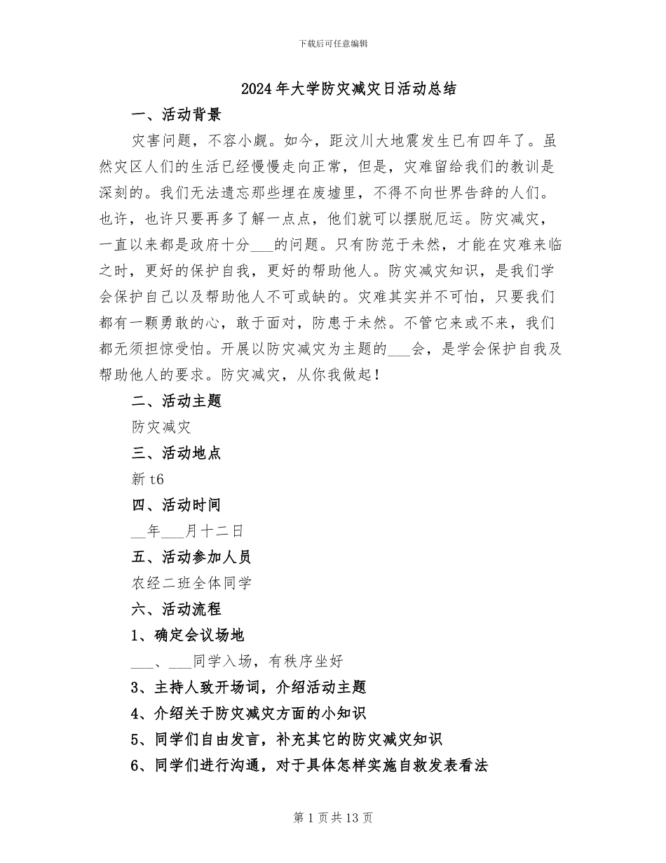 2024年大学防灾减灾日活动总结_第1页