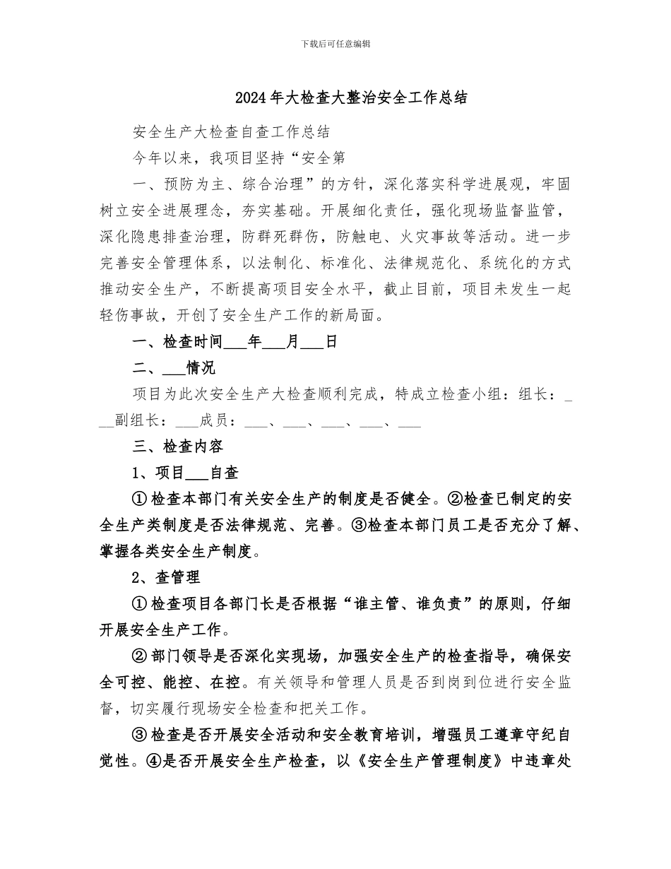 2024年大检查大整治安全工作总结_第1页