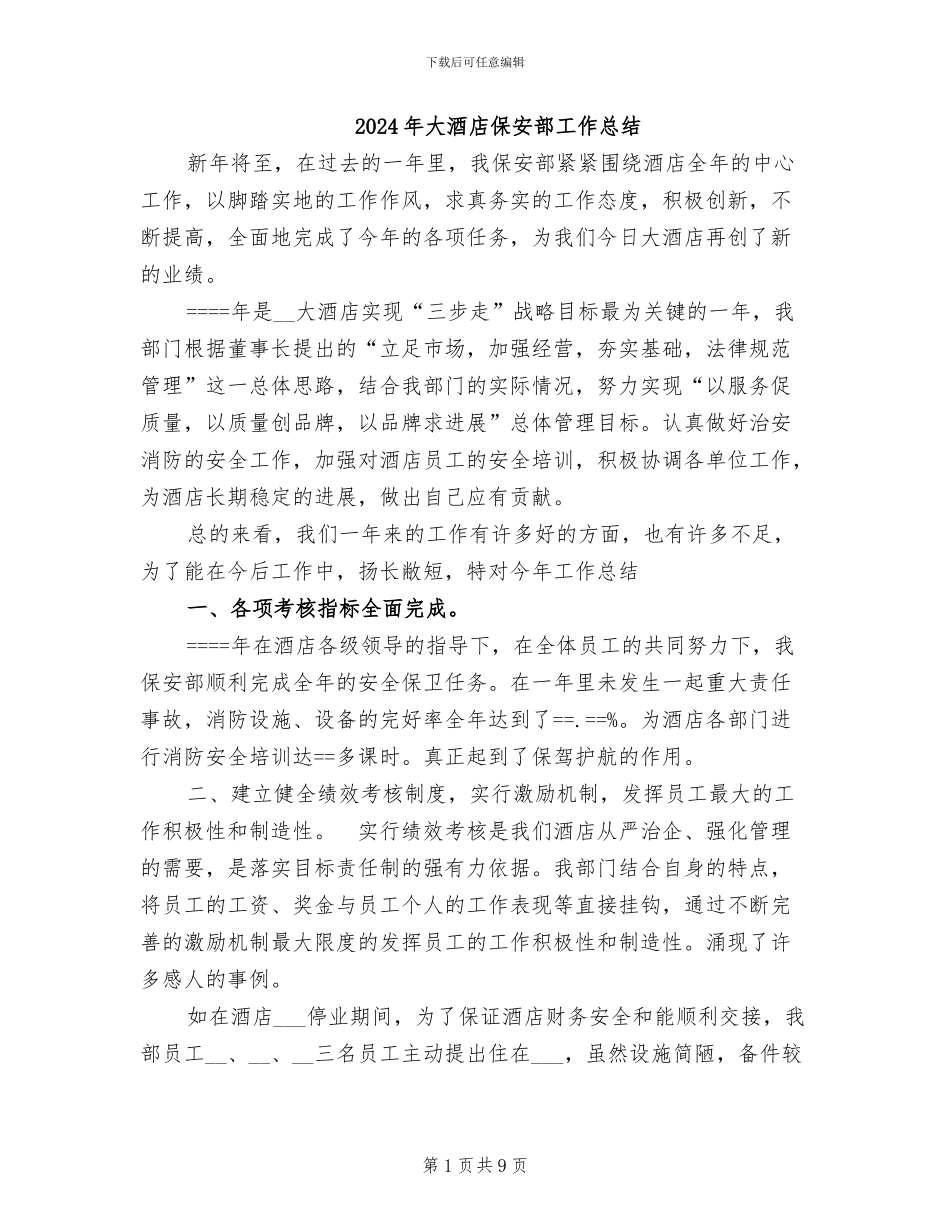 2024年大酒店保安部工作总结_第1页