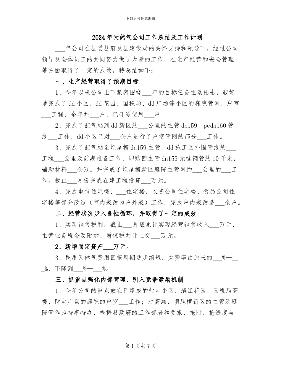 2024年天然气公司工作总结及工作计划_第1页
