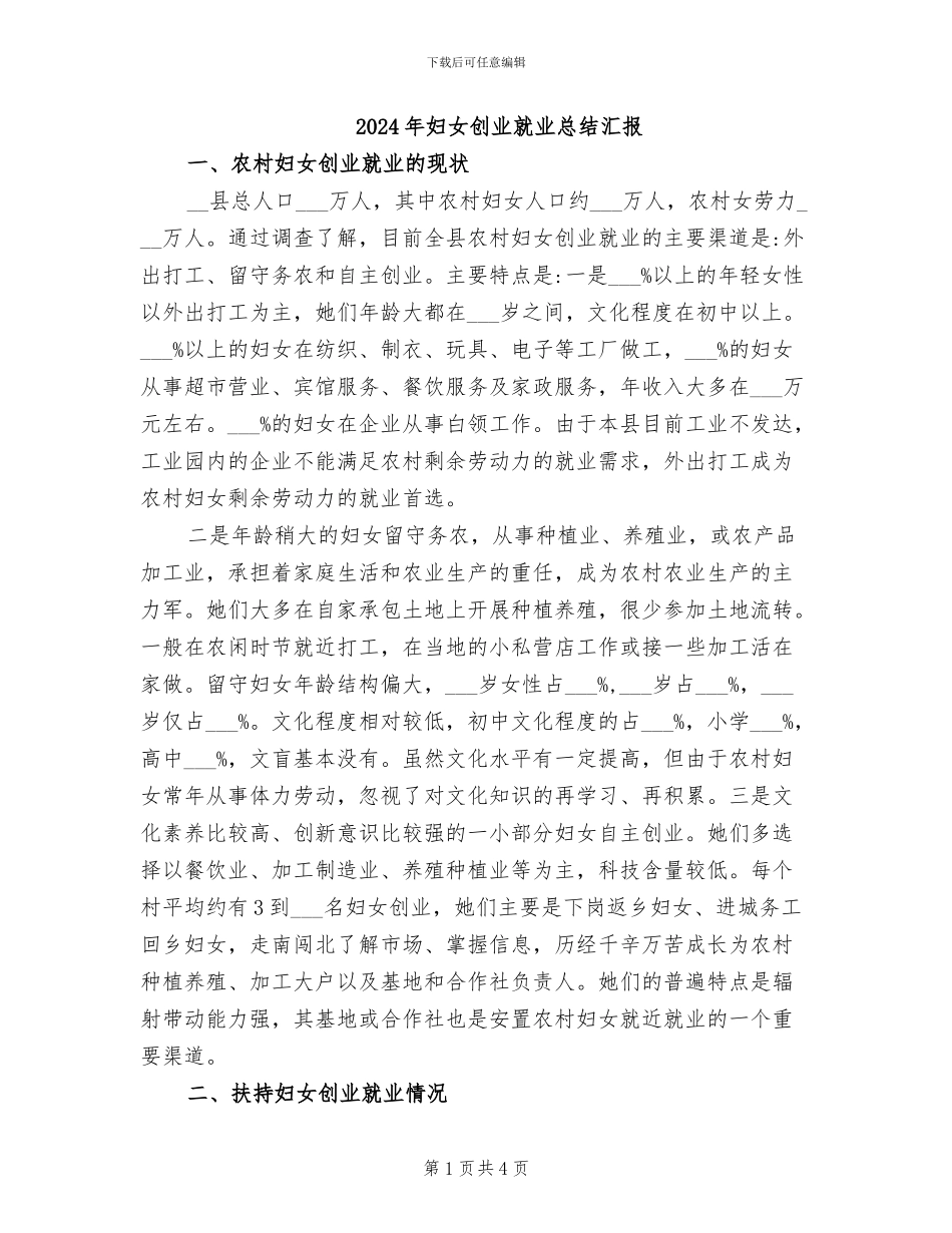 2024年妇女创业就业总结汇报_第1页