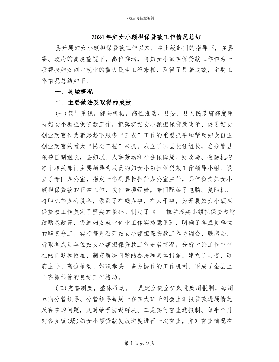 2024年妇女小额担保贷款工作情况总结_第1页