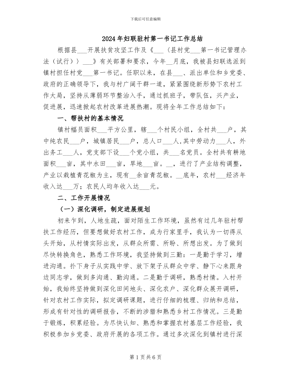 2024年妇联驻村第一书记工作总结_第1页