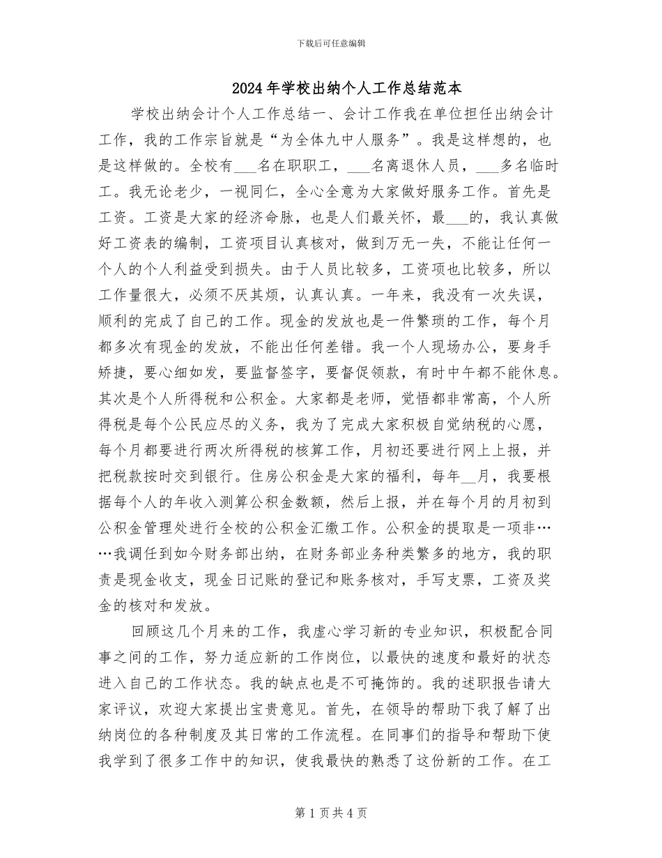 2024年学校出纳个人工作总结范本_第1页
