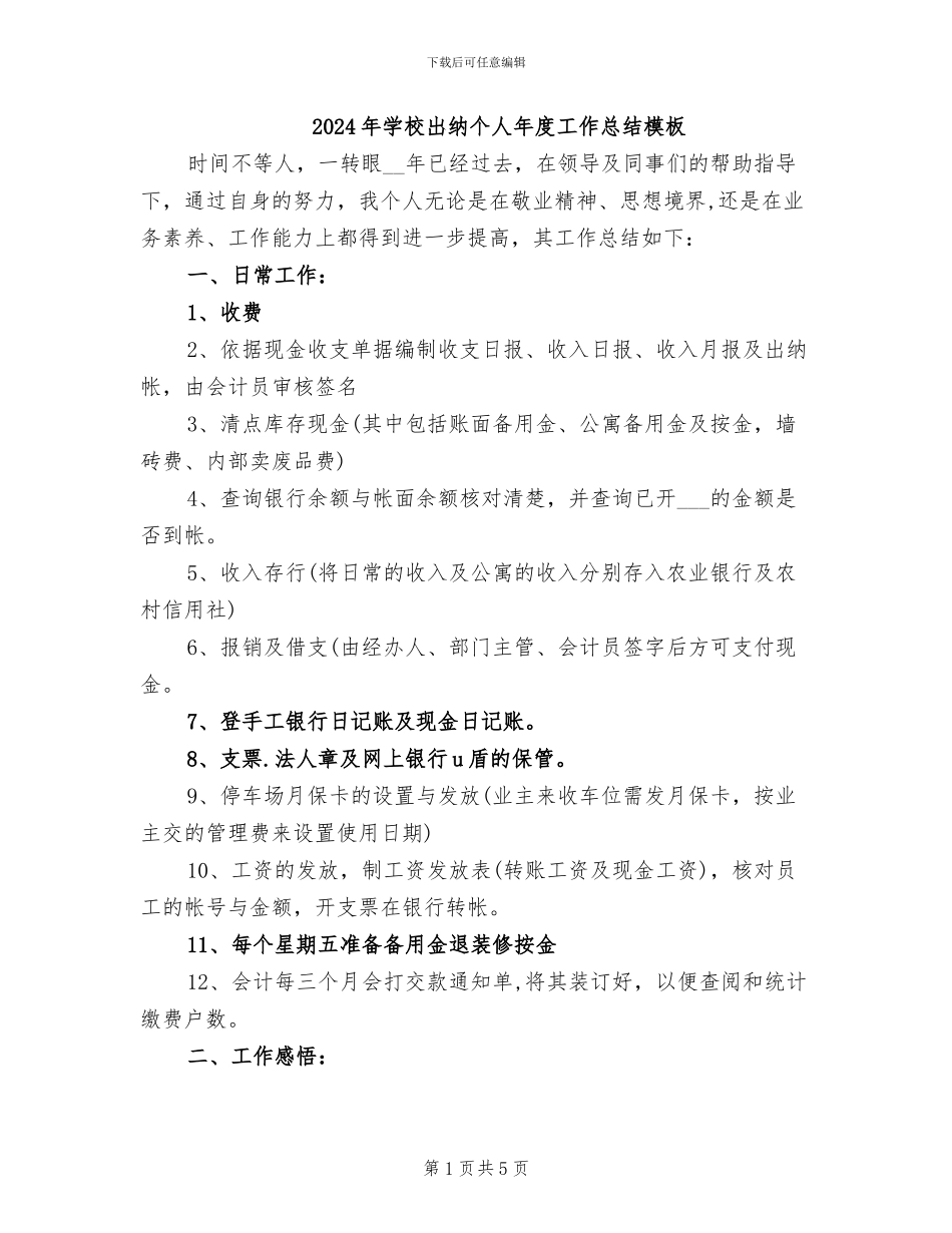 2024年学校出纳个人年度工作总结模板_第1页