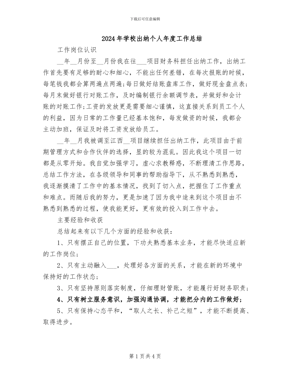 2024年学校出纳个人年度工作总结_第1页