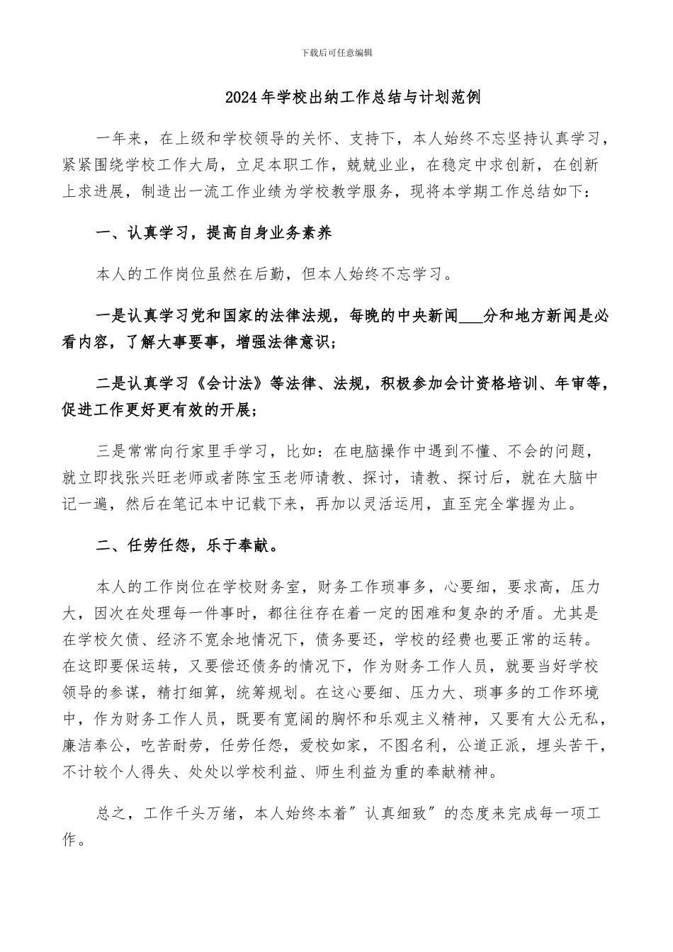 2024年学校出纳工作总结与计划范例_第1页