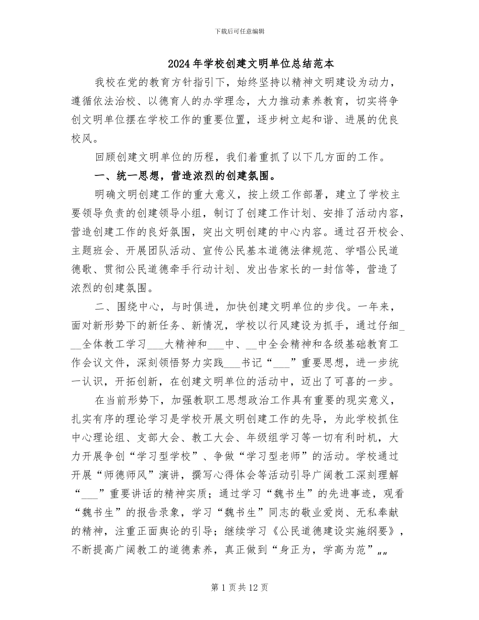 2024年学校创建文明单位总结范本_第1页