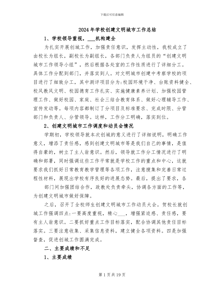 2024年学校创建文明城市工作总结_第1页