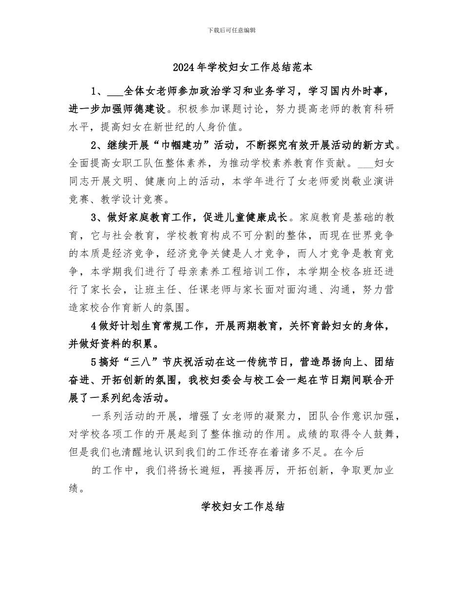 2024年学校妇女工作总结范本_第1页