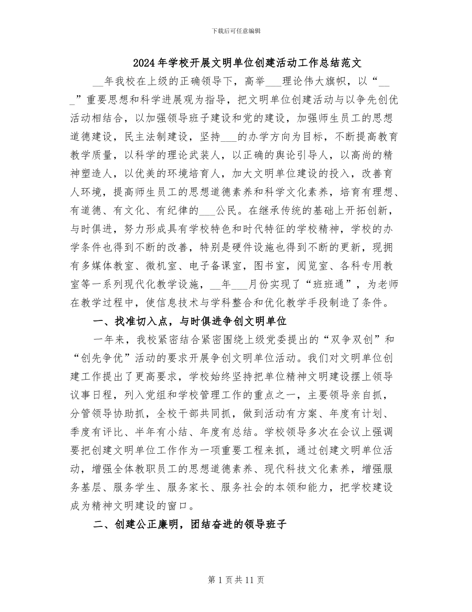 2024年学校开展文明单位创建活动工作总结范文_第1页