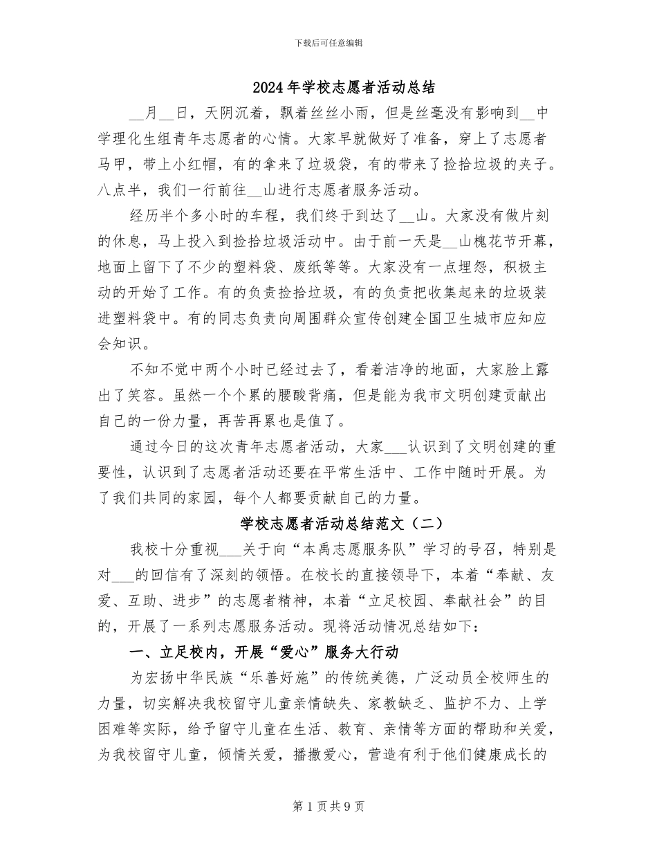 2024年学校志愿者活动总结_第1页