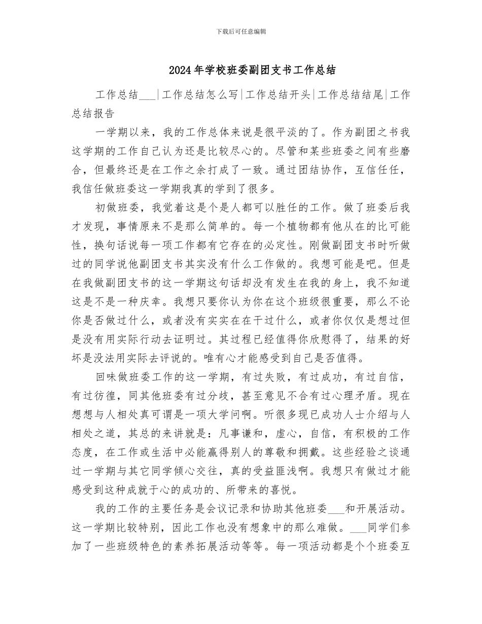 2024年学校班委副团支书工作总结_第1页