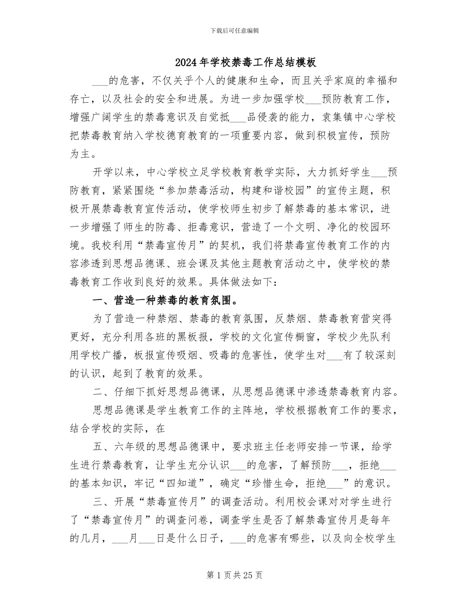 2024年学校禁毒工作总结模板_第1页